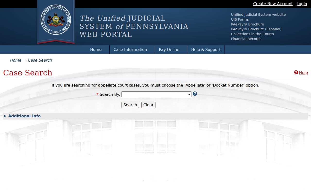 Lower Southampton Township resident lookup Pennsylvania UJS Case Search screen